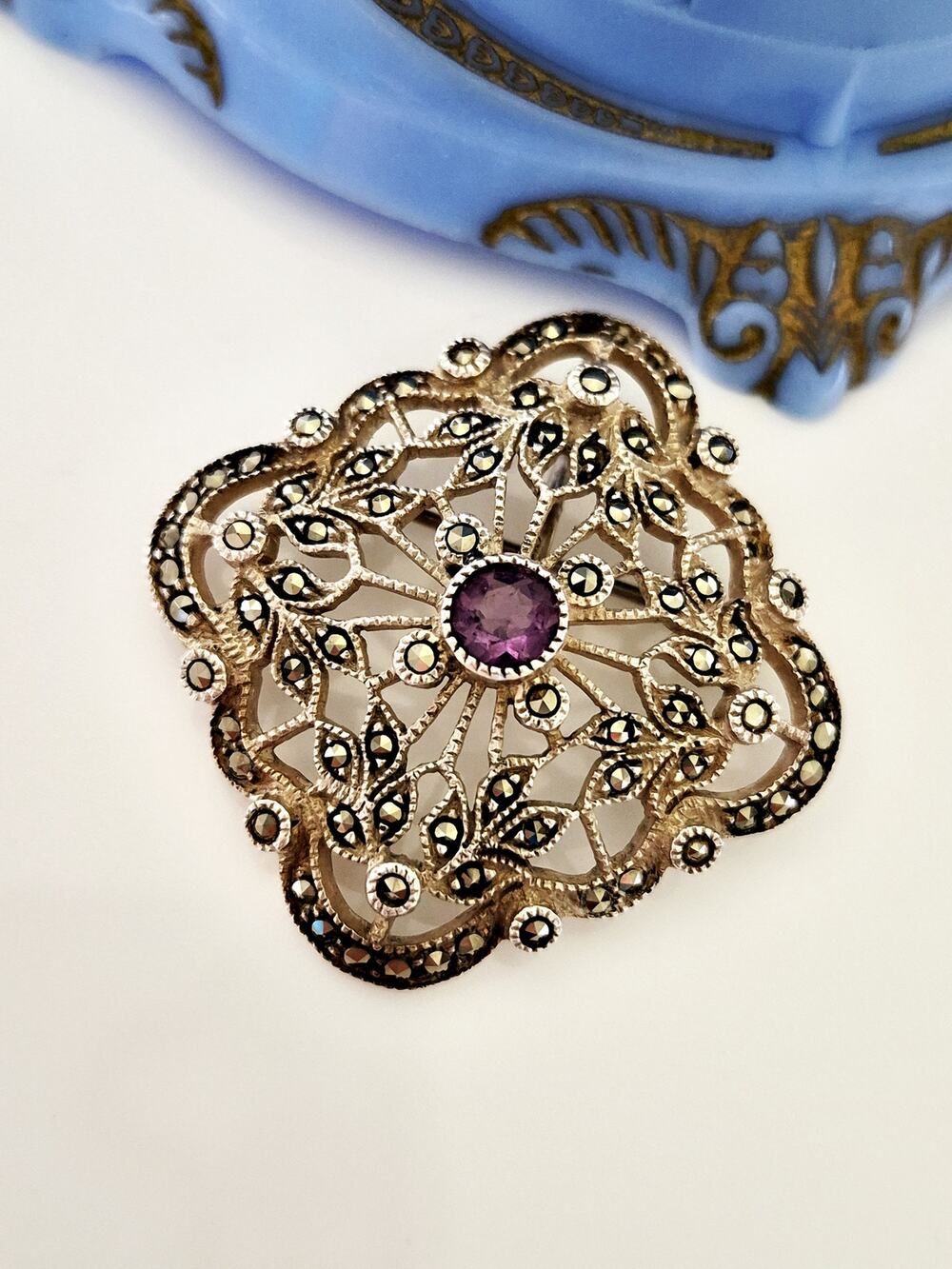 Vintage Judith Jack Sterling Silver Amethyst & Marcasite Brooch Pendant